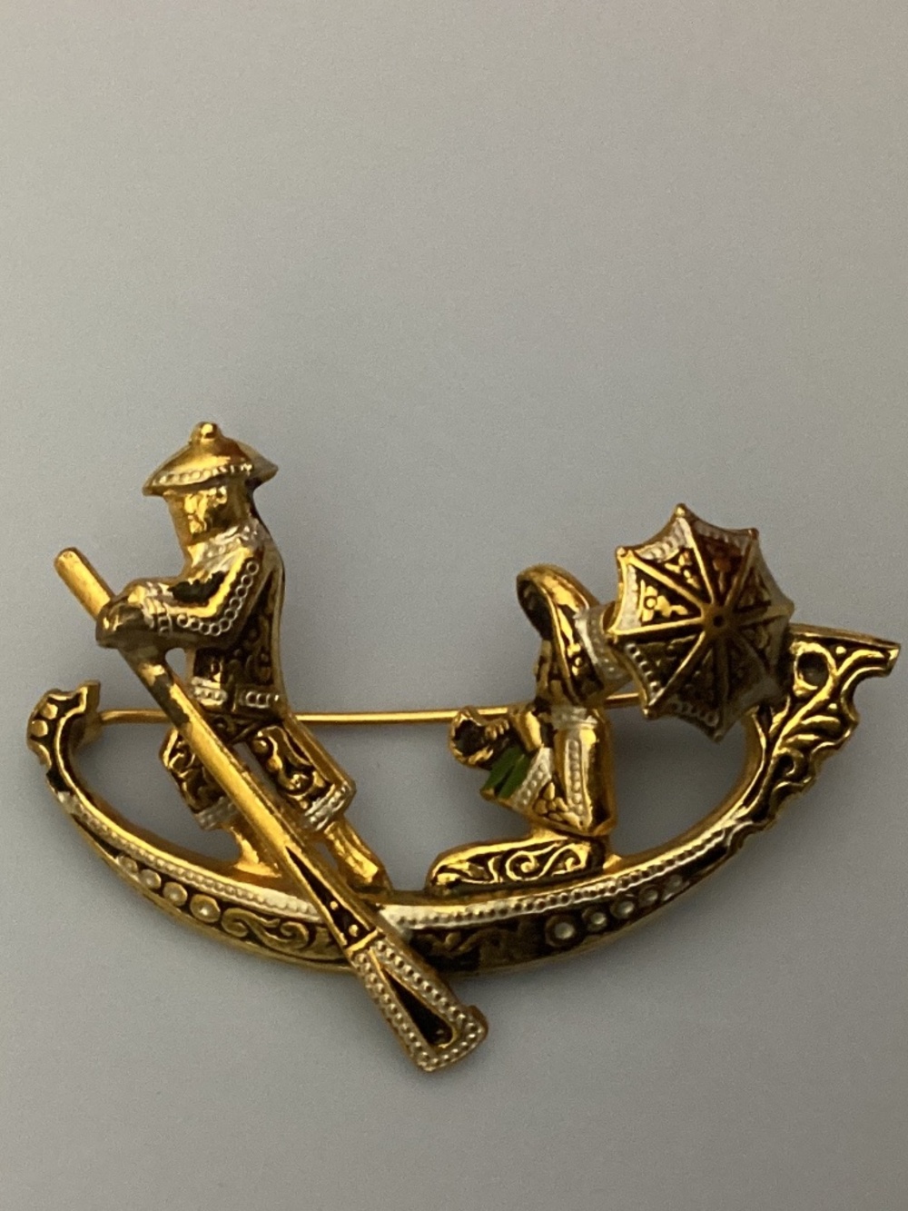 1970’s Damascene Gondola Spain gold tone silver boat parasol oar paddle green